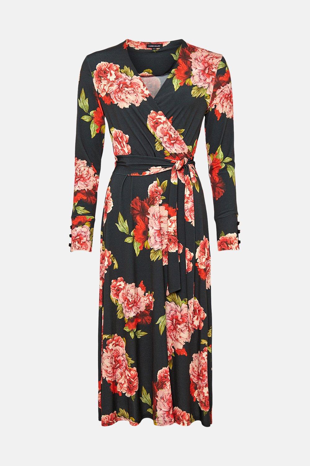 Floral Print Belted Jersey Wrap Midi ...